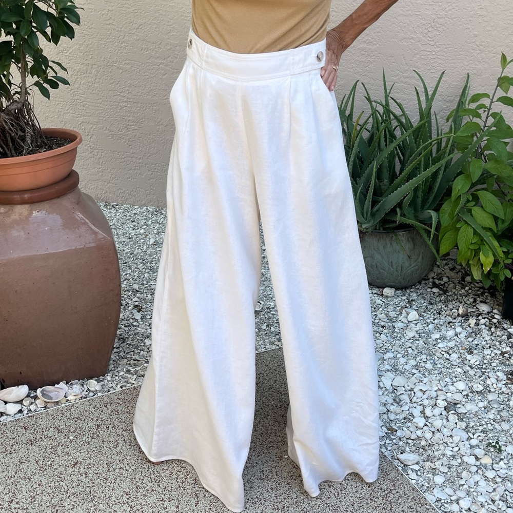 Elegant White Fully Lined Linen Wide-Leg Pants